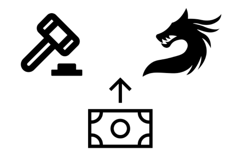 Three illustrations of a bank note, a court hammer and a mythical creature.